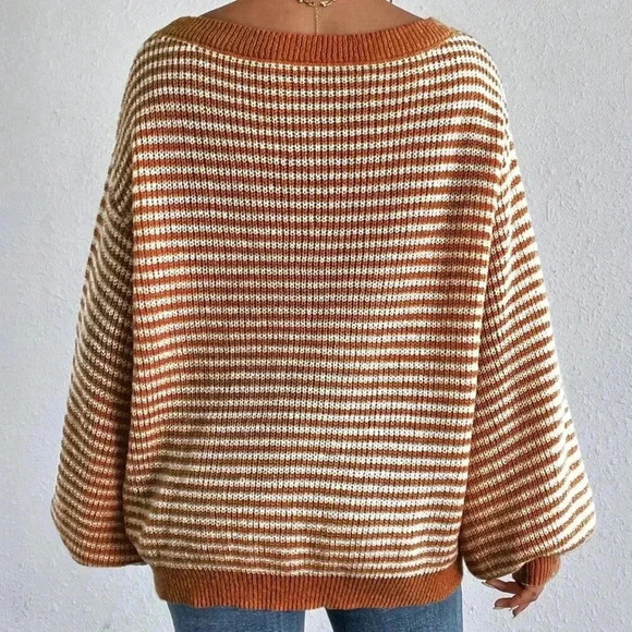 Orange Casual Women's Contrast Striped Print Off-Shoulder Long Sleeve Sweater - Picture 2 of 7